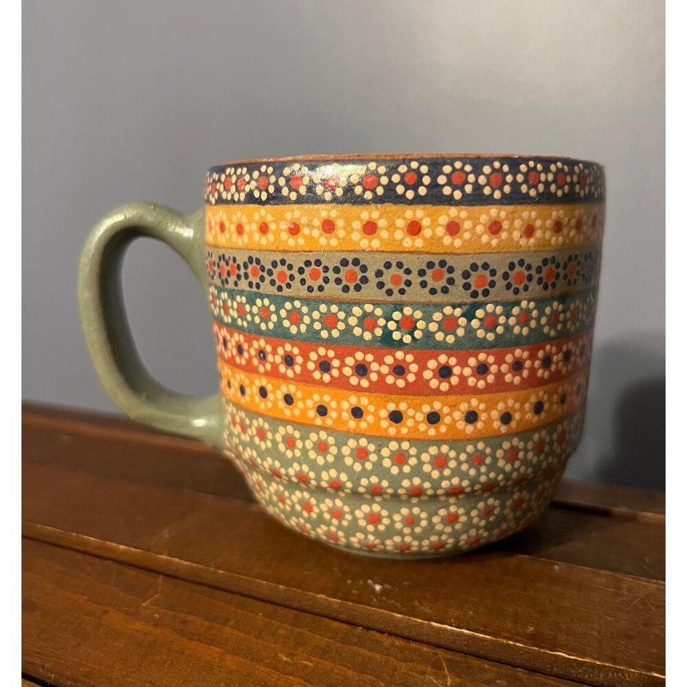 Handmade Unmarked Hand Painted Floral Pattern Lustre Mexican Style Clay Mug Boho